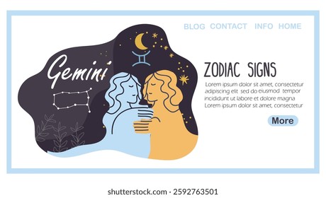 Landing page with zodiac sign, Gemini, Zodiac sign. Twins, astrology couple, pair symbol, horoscope icon. Two people, star constellation, celestial sticker. Hand drawn vector illustration.