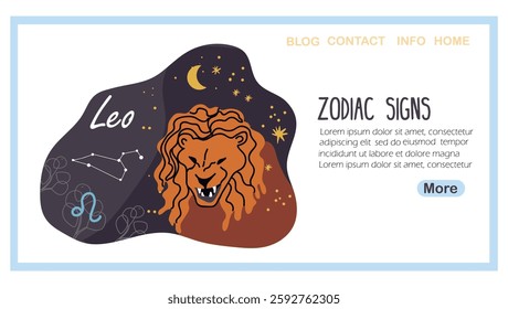 Landing page with zodiac sign, Leo, zodiac sign. Lion, horoscope symbol. Astrological animal sticker, celestial icon. Star constellation character, sky. Hand drawn vector illustration.