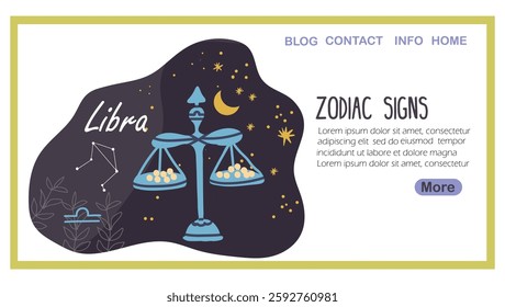 Landing page with zodiac sign, Libra, Zodiac sign, round sticker. Astrological scales constellation, horoscope balance symbol, star sky. Celestial icon. Hand drawn vector illustration.