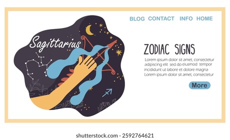 Landing page with zodiac sign, Sagittarius, zodiac sign. Arch, bow and arrow, astrology horoscope symbol. Archer, sky star, esoteric sticker, icon.  Hand drawn vector illustration.