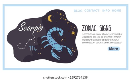 Landing page with zodiac sign, Scorpio, astrological zodiac sign. Scorpion, horoscope symbol, star sky. Scorpius constellation. Hand drawn vector illustration.