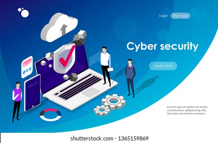 	
Landing page/Cyber security concept with characters. Can use for web banner, infographics, hero images. Flat isometric vector illustration isolated on blue gradient background.