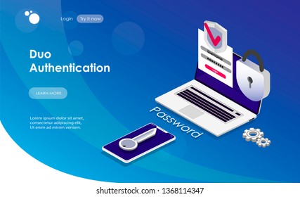 Landing page/Duo authentication concept banner with text place. Can use for web banner, infographics, hero images. Flat isometric vector illustration isolated on blue gradient  background.