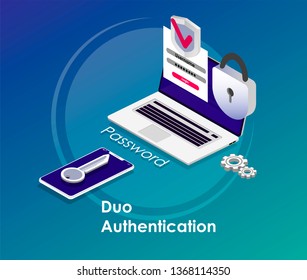 Landing page/Duo authentication concept banner with text place. Can use for web banner, infographics, hero images. Flat isometric vector illustration isolated on blue gradient  background.