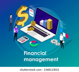 Landing page/Financial management concept. Can use for web banner, infographics, hero images. Flat isometric vector illustration isolated on blue gradient background.