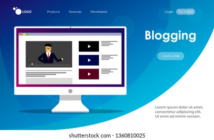 Landing page/Flat illustration of Blog․ Modern Vector Icon. Blogging, Management, Online Blog. Content Management. Creative Writing
