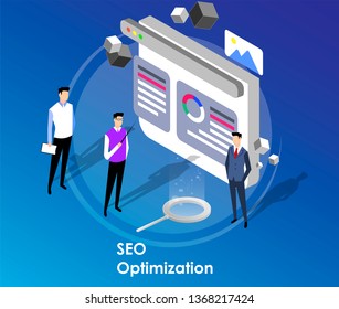 Landing page/People team work together on seo. Can use for web banner, infographics, hero images. Flat isometric vector illustration isolated on blue gradient background.