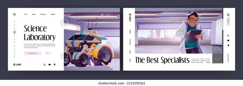 Landing pages with engineer fixing rover and scientist writing in clipboard inside of hangar on alien planet surface with drilling rig outside. Space garage or lab research, Cartoon Vector web banners