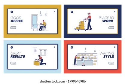 Landing pages with post and delivery concept. People in postal office sending or shipping parcels. Couriers carrying boxes for deliver. Template set of homepages. Linear vector illustration