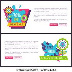 Landing pages sale 70% off advertisement spring sale web labels, decorated by flowers, springtime total discounts emblem design blooming buds vector