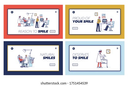 Landing pages set for dental clinic website for online service. Dent medicine and oral hygiene concept. Dentists visit, examination and consultation. Template linear vector illustration