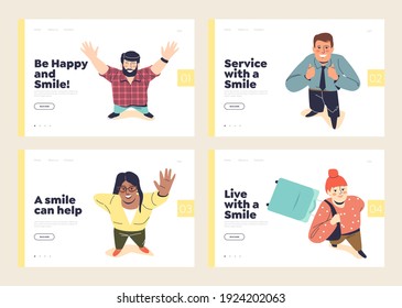 Landing pages for smile and happiness concept with cute cartoon characters looking up and smiling. Template set of banners with positive people view from above. Flat vector illustration
