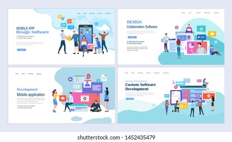 Landing pages template set of mobile applications and web development. APP Development concept. Modern flat design concept. Web page design for website and mobile website. Flat vector illustration.