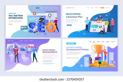 Landing pages template set for SEO optimization, database management, business development process. Modern flat design concept. Web page design for website and mobile website. Flat vector illustration