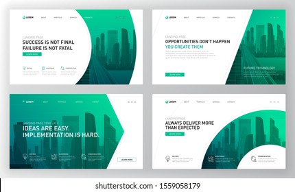 Landing Pages Templates Set For Real Estate With  Cityscape Vector Illustration On Background. Brochure Cover, Powerpoint Presentation Template.