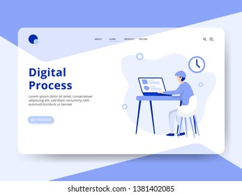 Landing Page's Web Digital Process concept, a freelance working on a project on a laptop, can be used for onboarding mobile apps, web landing pages, banners, posters. vector-illustration