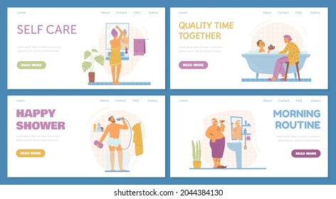 Landing pages or web template for site with illustrations of people in bath doing routine daily tasks. Flat vector cartoon illustrations of characters in bathroom. Images for site.