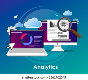 Landing page/Vector illustration of Data analysis & business information research solution concept with "analytics" Management and marketing concept.