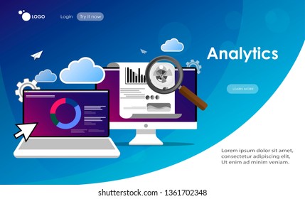 Landing page/Vector illustration of Data analysis & business information research solution concept with "analytics" Management and marketing concept.