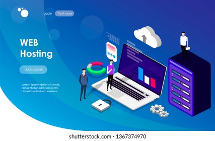 Landing page/Web hosting concept with character. Can use for web banner, infographics, hero images. Flat isometric vector illustration isolated on blue gradient  background.