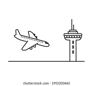 Landing passenger plane. Airliner and airport icon.