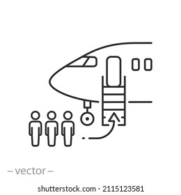 Landing A Passengers On A Plane, Icon, Start Airplane Flight, Airport Service, Thin Line Symbol On White Background - Editable Stroke Vector Illustration Eps10