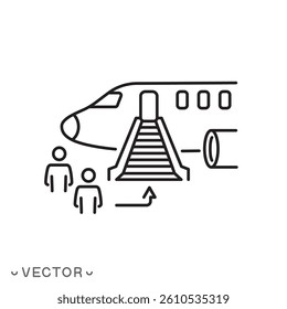 landing a passengers on a plane icon, start airplane flight, airport service, thin line symbol isolated on white background, editable stroke eps 10 vector illustration