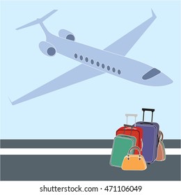 The landing plane and baggage. Vector illustration