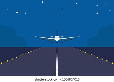 Landing Plane Over Runway At Night. Flat And Solid Color Travel Concept Background.  Airplane Sunrise Landing. 