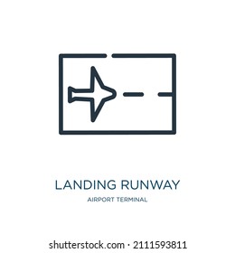 landing runway thin line icon. plane, airplane linear icons from airport terminal concept isolated outline sign. Vector illustration symbol element for web design and apps.