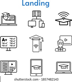 landing set. included cap, smartphone, teacher, ebook, student-laptop, test, student-tablet, training icons. linear styles.