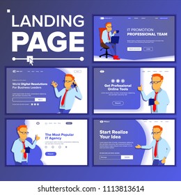 Landing Set Main Web Page Design Vector. Website Business Concept. Template. Working Team. Corporate. Illustration
