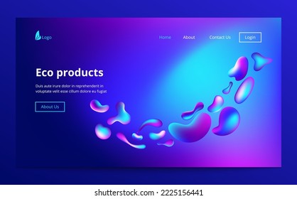 Landing site page template. Header for website. Liquid flow glow, lava lamp geometric background for banner, card, UI design or wallpaper. Gradient blue neon mesh wave drop shape. Fluid colorful 3d.