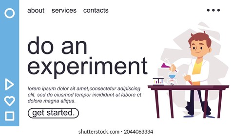 Landing site or presentation page template with child conducting scientific experiments. Kids education and science knowledge for children, flat vector illustration.