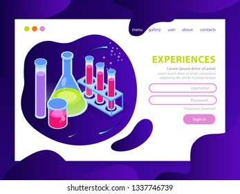 Landing, site Scientific research, chemical laboratory equipment. Set of various test tubes, flasks, cans and bottles with liquid, dropper, microscope, stand, magnifier and other tools. Isometric glow