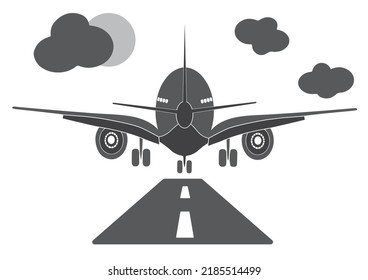 Landing or taking off plane, passenger airplane. Airport runway travel or vacation vector illustration. Aircraft departure flight, journey or trip concept.