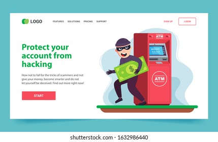 Landing theft of money from an ATM. criminal with a bill. Flat vector landing illustration.