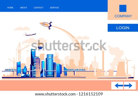 Landing vector illustration of the smart Chinese city of Shanghai, infrastructure, construction, transportation, urban buildings, skyscrapers and silhouettes of factories, 