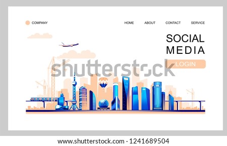 Landing vector illustration of the smart Chinese city of Shanghai, infrastructure, construction, transportation, urban buildings, skyscrapers and silhouettes of factories, launch of space rockets 