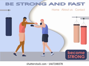 Landing, vector illustration, website template. Invitation to boxing. Training in good company. Banner, website, poster template with place for your text.
