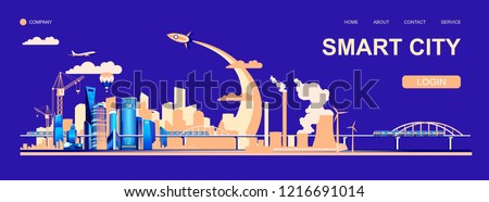 Landing vector of the smart Chinese city of Shanghai, infrastructure, construction, transportation, urban buildings, skyscrapers and silhouettes of factories, launch of space rockets and industry