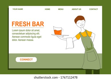 Landing vector template. Concept male waiter serves carrot juice