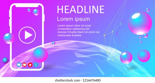 Landing web page or banner design. Geometric abstract background with liquid dynamic fluid shapes and Phone.