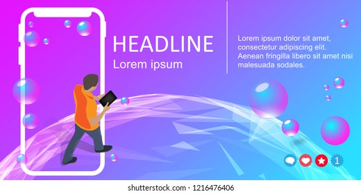 Landing web page or banner design. Geometric abstract background with liquid dynamic fluid shapes and Phone.