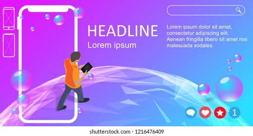 Landing web page or banner design. Geometric abstract background with liquid dynamic fluid shapes and Phone.