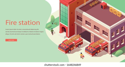 Landing Web Page, Banner Isometric Fire Station. Homepage Template Firefighters Department with Fire Trucks Fire Standing in Angrahr. Flat People Walk Down Street. Vector Illustration