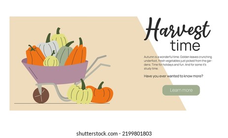 Landing web page with a cart with pumpkins. Harvest time concept. Place for text. Web banner. Vector stock illustration. Healthy food. 