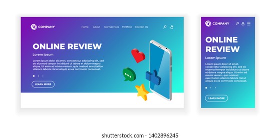 Landing web page concept design template. Online review theme. Smartphone device with feedback rating signs - thumb up, heart, message, star. Mobile app, UI, UX, site. Vector illustration EPS10