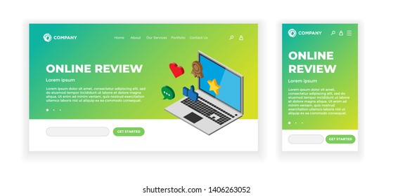 Landing web page concept design template. Online review theme. 3d laptop device with feedback rating signs - thumb up, heart, message, star. Mobile app, UI, UX, site. Vector illustration