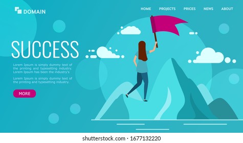Landing or web page design template. Business concept of victory and success, solutions, marketing. Women standing on mountain peak with winner flag. Landing page. Mobile app, web banner